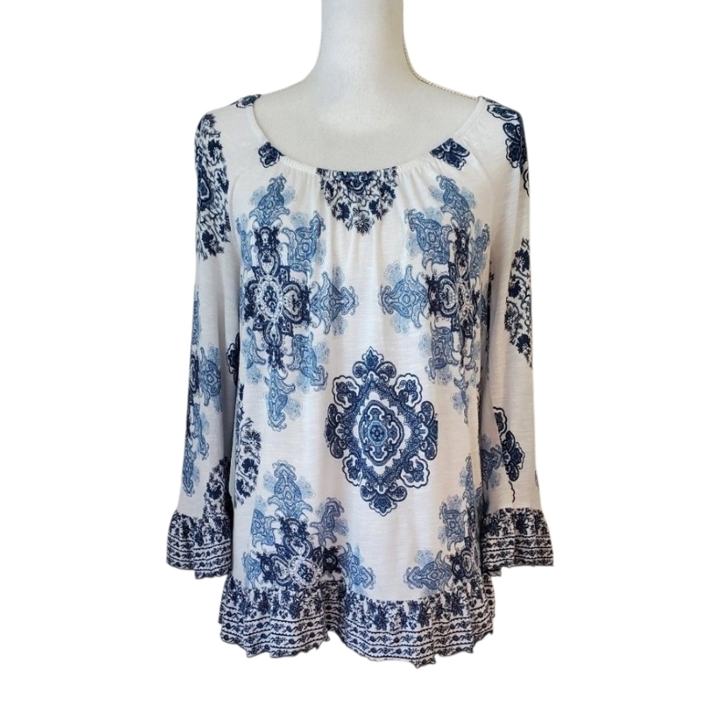 INC International Concepts Blue White Boho Medallion Peasant Top 3/4 Sleeve Med - Picture 1 of 7